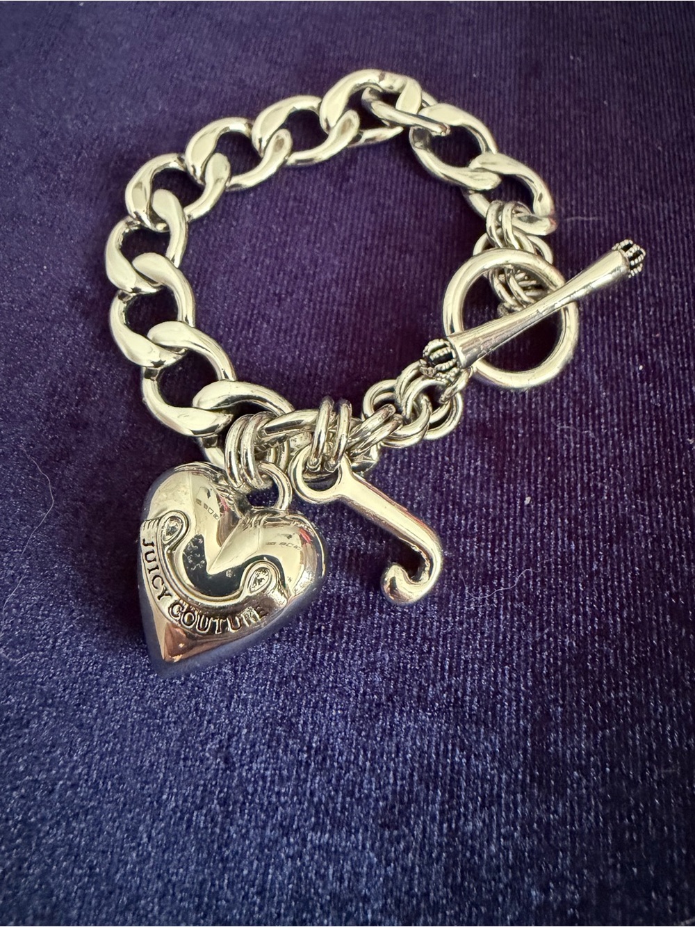 Vintage Juicy Couture Silver Tone Puffy Heart & J Charm Toggle Bracelet Y2K